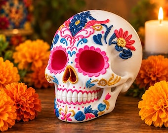 Sugar Skull Decor | Day of the Dead Sculpture | Floral Altar Art Gift for Dia de los Muertos