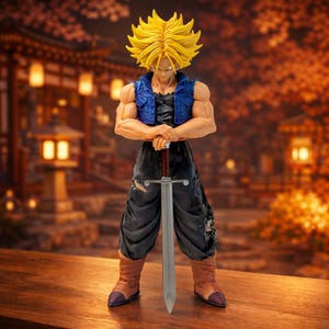 Op de afbeelding: Gedetailleerd beeldje van een personage met stekelig geel haar, gekleed in een blauw vest en een zwarte broek, met een zilveren zwaard. De figuur heeft een vastberaden uitdrukking. De achtergrond toont een vage buitenscène met herfstkleuren.