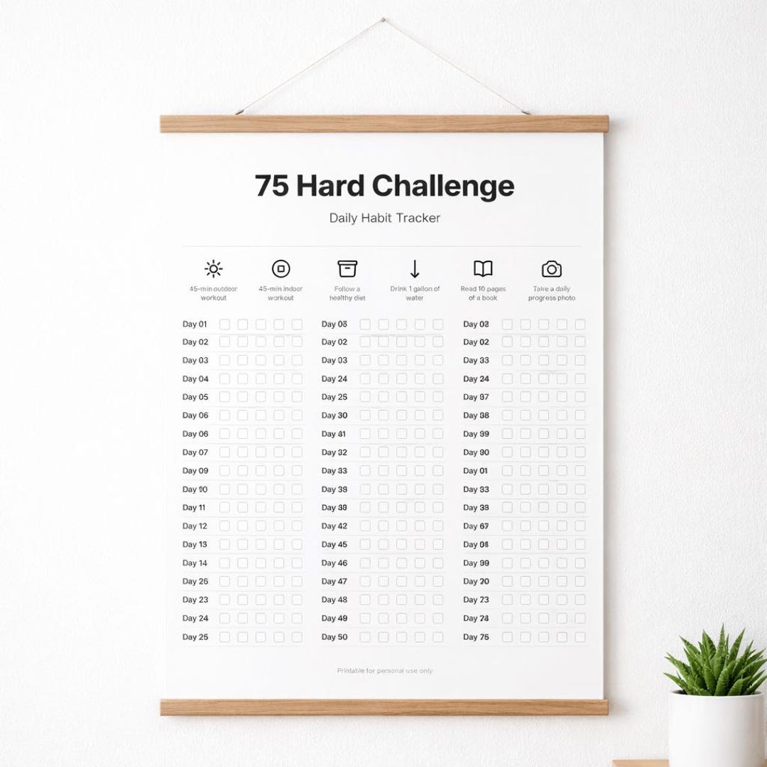 75 Hard Challenge Tracker Printable, Daily Habit Checklist PDF, Fitness ...