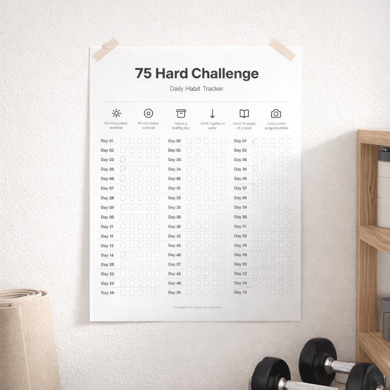 75 Hard Challenge Tracker Printable, Daily Habit Checklist PDF, Fitness ...
