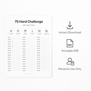 75 Hard Challenge Tracker Printable, Daily Habit Checklist PDF, Fitness ...