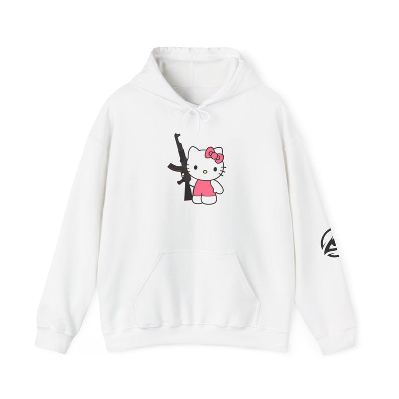 Hello Kitty with Rifle Hoodie | Cute Character Graphic Pullover image 1