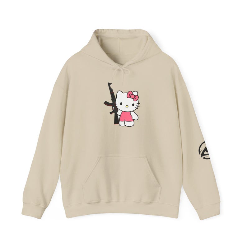 Hello Kitty with Rifle Hoodie | Cute Character Graphic Pullover image 2