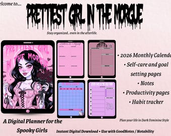 Prettiest Girl in the Morgue Digital Planner | 2026 Gothic iPad Goodnotes | Cemetery Calendar | Spooky Season Notepad | Baby Witch Planner