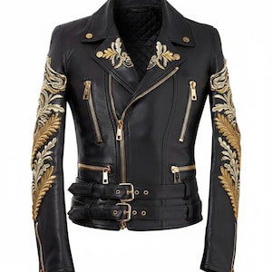 Women’s Black Leather Moto Jacket with Gold Embroidery – Handmade Biker Jacket  – Luxury Streetwear