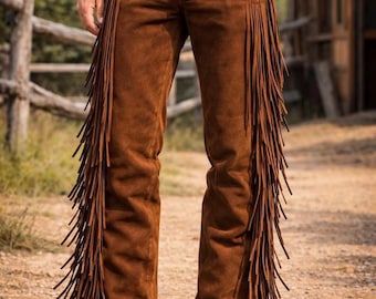 Men's Brown Suede Fringe Pants | Western Cowboy Slim Fit Trousers Festival Wear