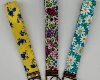 Bright Garden Floral Wristlet Key Fob Set of 3 Handmade Cotton Keychains