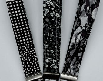 Black and White Wristlet Key Fob Set of 3 Handmade Cotton Keychains