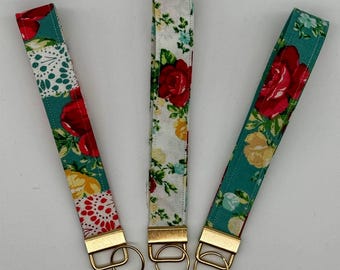 Country Floral Wristlet Key Fob Set of 3 Handmade Cotton Keychains