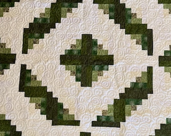 Green Geometric Queen Quilt Handmade Cotton Patchwork Bedspread