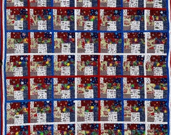 Large Patriotic Quilt Handmade Americana Bed Quilt Red White Blue