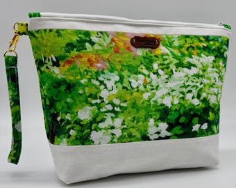 Large Green Floral Wristlet Zipper Pouch Makeup Bag Travel Organizer Gift