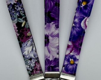 Purple Floral Wristlet Key Fob Set of 3 Handmade Cotton Keychains