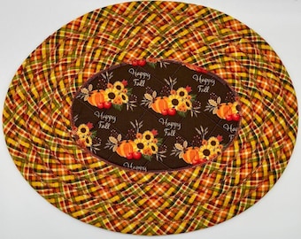 Oval Quilted Autumn Table Rug, Happy Fall Pumpkin Sunflower Trivet Mat