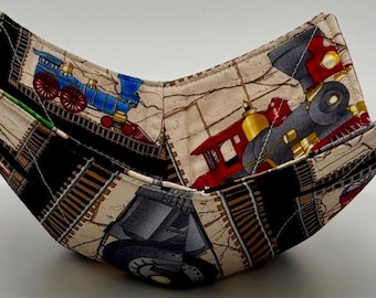 Train Print Bowl Cozy – Microwave Safe Soup Bowl Holder – Cotton Fabric Handmade