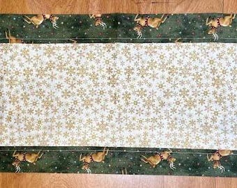 Handmade Christmas Table Runner Reindeer Decor Gold Snowflake Farmhouse Holiday Kitchen Table Topper Gift for Her Housewarming Gift