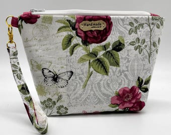 Floral Wristlet Zipper Pouch Makeup Bag Purse Organizer with Pocket