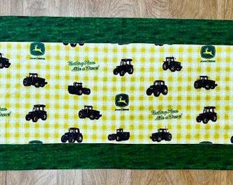 Handmade Tractor Table Runner Farmhouse Decor Green Yellow Plaid Country Kitchen Table Topper Gift for Him Housewarming Gift