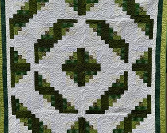 Green Geometric Queen Quilt Handmade Cotton Patchwork Bedspread
