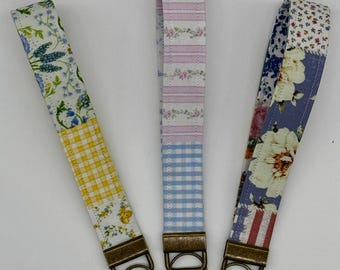 Cottage Floral Wristlet Key Fob Set of 3 Handmade Cotton Keychains