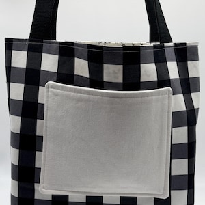 Black White Gingham Cotton Tote Bag – Structured Shoulder Bag with Exterior Pocket