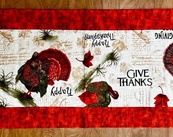 Handmade Thanksgiving Table Runner Give Thanks Turkey Decor Fall Farmhouse Kitchen Table Topper Autumn Gift for Her Housewarming Gift