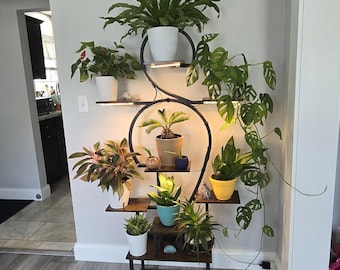 63"Tall 9 Tire Wooden And Metal Plant Shelf With Grow Light