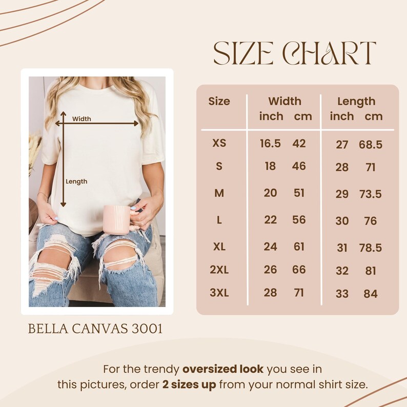 May include: Size chart for Bella Canvas 3001 t-shirts. Includes measurements in inches and centimeters for width and length. Sizes range from XS to 3XL, with widths from 16.5 inches (42 cm) to 28 inches (71 cm) and lengths from 27 inches (68.5 cm) to 33 inches (84 cm).