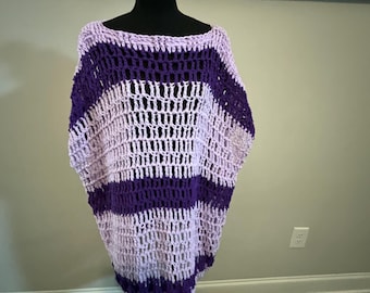 Crocheted Sleeveless Sweater: Striped Purple Poncho Top
