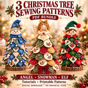 Kit de Costura de Árvore de Natal: Anjo, Boneco de Neve e Elfo | 3 Modelos Acolchoados, Download em PDF