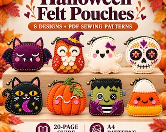 Halloween Felt Pouch Sewing Patterns PDF Bundle, 8 Zipper Coin Purse Designs
