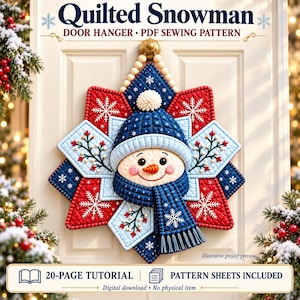 Snowman Door Hanger Sewing Pattern PDF, Quilted Christmas Decoration Tutorial