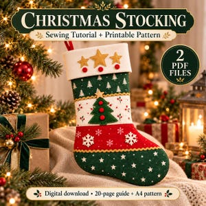 May include: A Christmas stocking sewing tutorial and printable pattern featuring a green, white, and red fabric design with star, tree, and snowflake appliques. The digital download includes 2 PDF files, a 20-page guide, and an A4 pattern for crafting.