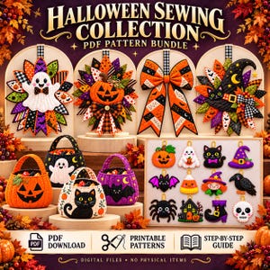 Pacchetto di modelli di cucito per Halloween in formato PDF: appendini per porte trapuntati, fiocchi, cestini e decorazioni in feltro