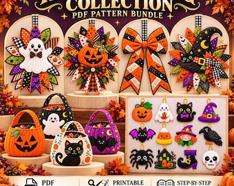 Halloween Sewing Pattern Bundle PDF: Quilted Door Hangers, Bow, Baskets & Felt Ornaments