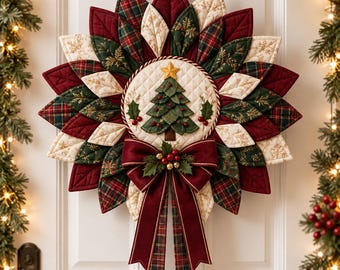 Christmas Wreath Sewing Pattern PDF, Quilted Folded Fabric Door Décor, Full-Size A4 Templates