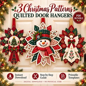 Christmas Door Hanger Sewing Patterns: Angel, Snowman & Wreath – 3 Quilted Designs, PDF Bundle