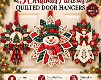 Christmas Door Hanger Sewing Patterns: Angel, Snowman & Wreath – 3 Quilted Designs, PDF Bundle