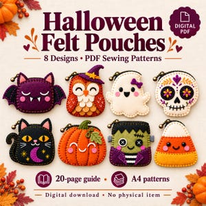 Puede incluir: Un patrón de costura PDF digital para ocho bolsitas de fieltro de Halloween con diseños de un murciélago morado, un búho, un fantasma, una calavera, un gato negro, una calabaza, un monstruo de Frankenstein y un caramelo de maíz.