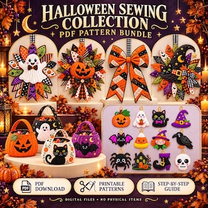 Halloween Sewing Pattern Bundle PDF: Quilted Door Hangers, Bow, Baskets & Felt Ornaments