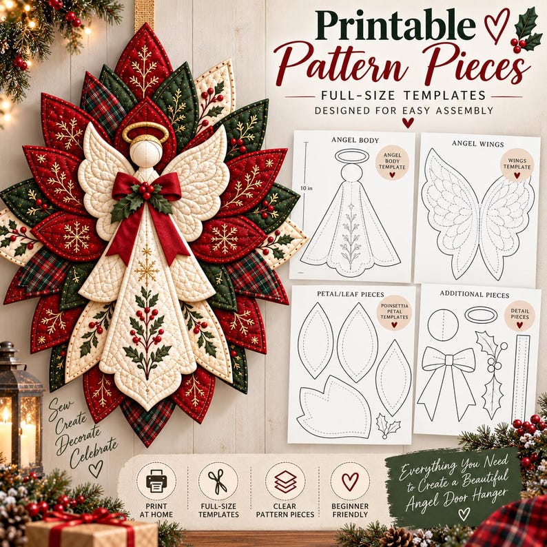 Christmas Angel Door Hanger Sewing Pattern PDF, Quilted Poinsettia Wreath, A4 Printable Templates