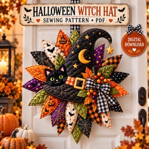 May include: A quilted Halloween witch hat wall hanging featuring a black cat face, a yellow crescent moon, and a star. The design includes fabric leaves in orange, green, and purple with pumpkin, bat, and spiderweb prints, plus a plaid bow.