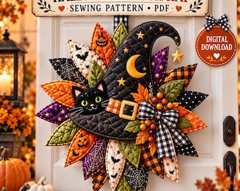 May include: A quilted Halloween witch hat wall hanging featuring a black cat face, a yellow crescent moon, and a star. The design includes fabric leaves in orange, green, and purple with pumpkin, bat, and spiderweb prints, plus a plaid bow.