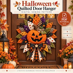 May include: A quilted fabric door hanger featuring a central orange jack-o'-lantern surrounded by layered, multi-colored fabric leaves in orange, black, purple, and white patterns. The design includes a plaid bow and text: Halloween Quilted Door Hanger.