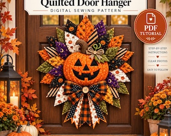 May include: A quilted fabric door hanger featuring a central orange jack-o'-lantern surrounded by layered, multi-colored fabric leaves in orange, black, purple, and white patterns. The design includes a plaid bow and text: Halloween Quilted Door Hanger.
