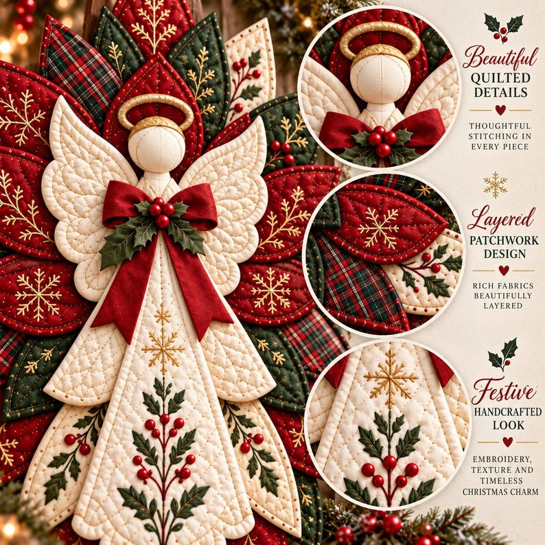 Christmas Angel Door Hanger Sewing Pattern PDF, Quilted Poinsettia Wreath, A4 Printable Templates