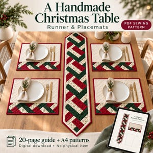 May include: A PDF sewing pattern for a Christmas table runner and placemats, featuring a braided red, green, and cream fabric design. The digital download includes a 20-page guide and A4 patterns for creating these quilted table linens.