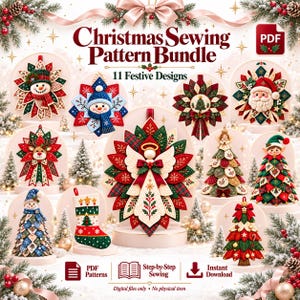 Pode incluir: Um pacote de moldes de costura de Natal com 11 designs festivos, incluindo um anjo, Pai Natal, bonecos de neve, uma meia e árvores de Natal. A coleção PDF digital exibe ornamentos de tecido coloridos com detalhes em vermelho, verde e dourado.