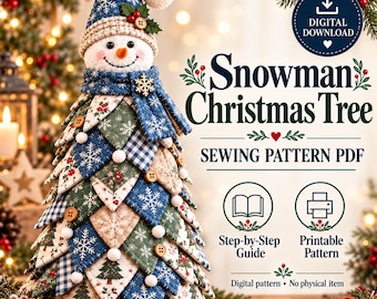 Quilted Christmas Tree Sewing Pattern PDF: Snowman Topper & Patchwork Holiday Decor