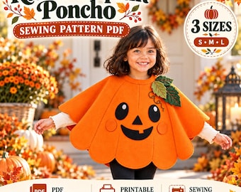Kids Pumpkin Poncho Sewing Pattern PDF, Halloween Costume, 3 Sizes, Ages 1–6